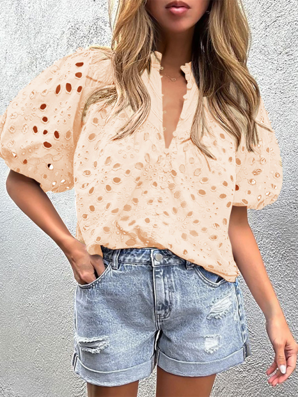 Women’s New Style Puff Sleeve Embroidered Shirt - Cracker khaki / S