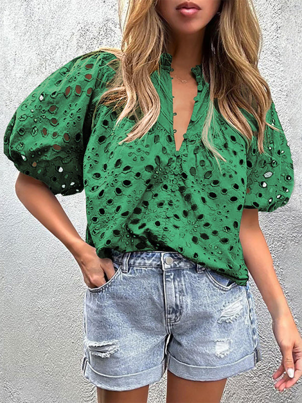 Women’s New Style Puff Sleeve Embroidered Shirt - Grass green / S