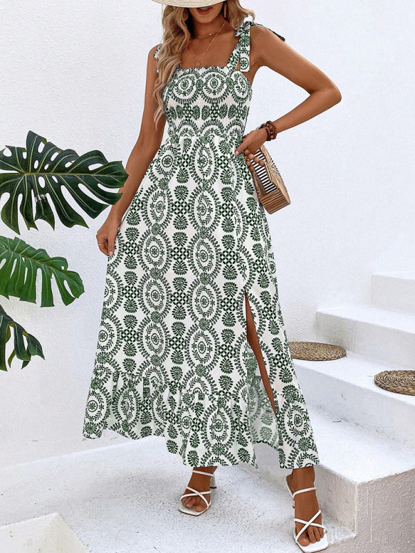 Women’s new summer fashionable strap printed sleeveless slit long dress - Green / S