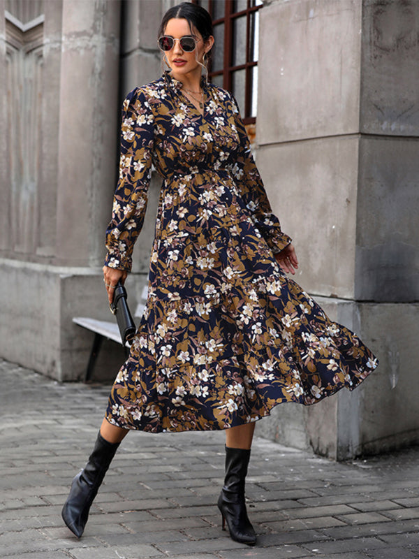 Women’s new V-neck waist long-sleeved printed dress - Champlain color / S