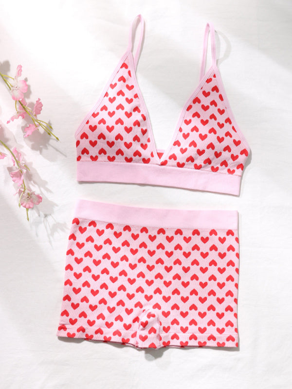 Women’s New Valentine’s Day Red Love Underwear Wireless Bra and Boxer Briefs Set - Red / S