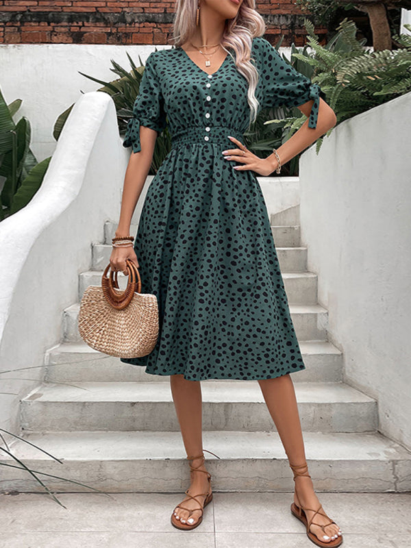 Women’s New Waist Leopard Print Short Sleeve Dress - Green black jasper / S