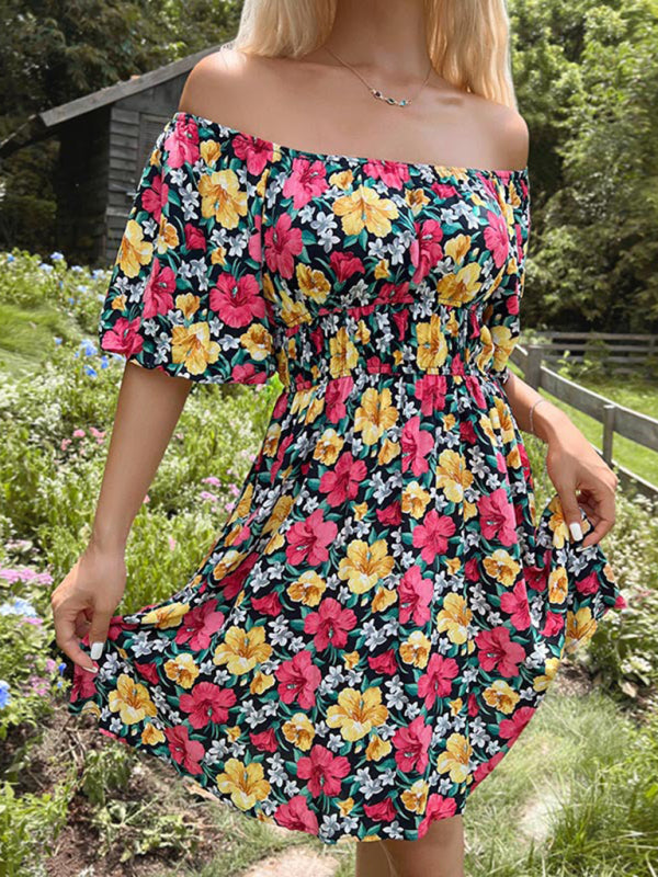 Women’s off-shoulder ruffle printed dress - Black / XS