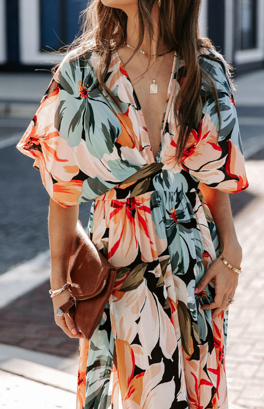 Women’s Orange Split Floral Kimono Long Dress - Pattern1 / M