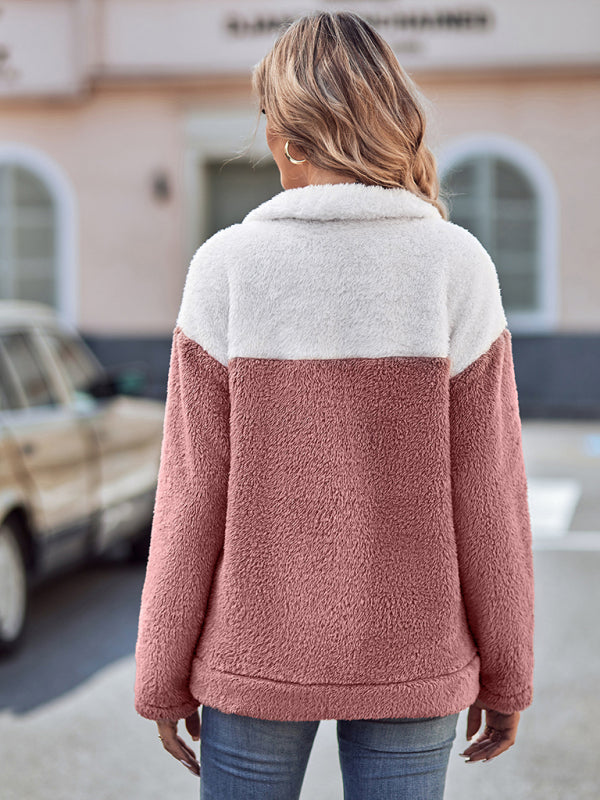 Women's patchwork color stand collar plush thick top - Closther