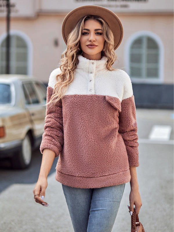 Women's patchwork color stand collar plush thick top - Closther