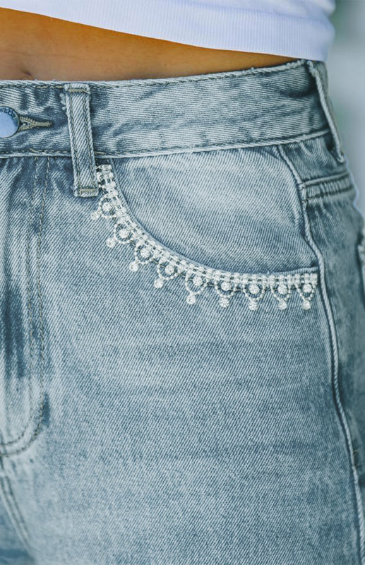 Women’s Petal Pocket Temperament Loose Wash Jeans