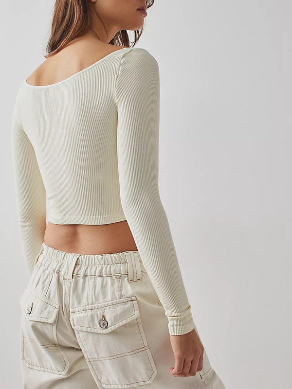Women’s pitted U-neck long-sleeved solid color navel-baring French T-shirt
