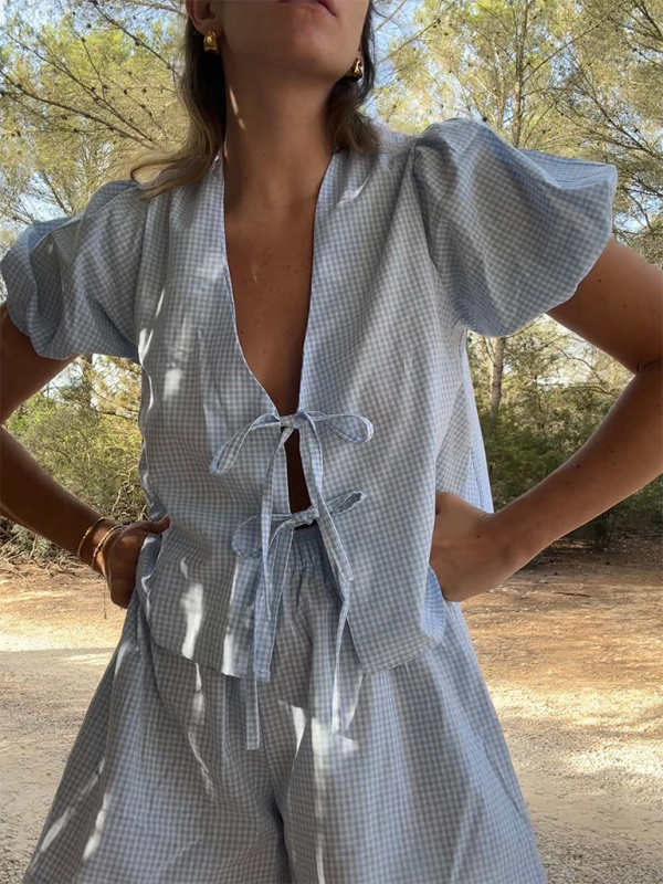 Women’s Plaid Striped Elastic Cuffs Casual Fashion Tie Elastic Waist Shorts Set - Clear blue / S