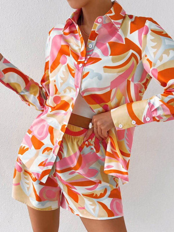 Women’s printed casual long-sleeved shirt + shorts two-piece suit
