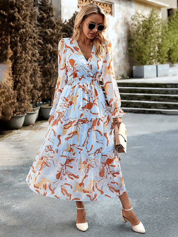 Women’s Printed Casual Vacation Printed V-Neck Dress - Clear blue / S