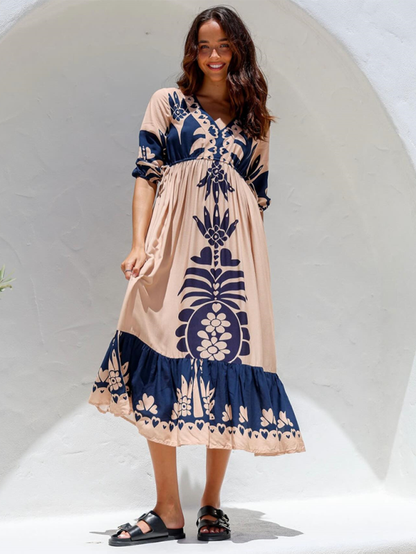 Women’s Printed Drawstring Dress Half Sleeve Fashion Loose Casual Dress - Cracker khaki / S