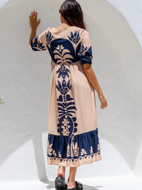 Women’s Printed Drawstring Dress Half Sleeve Fashion Loose Casual Dress