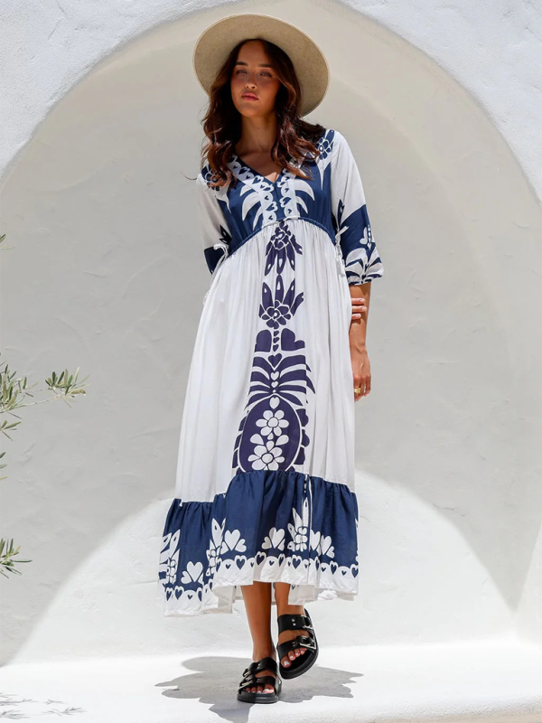Women’s Printed Drawstring Dress Half Sleeve Fashion Loose Casual Dress - White / S