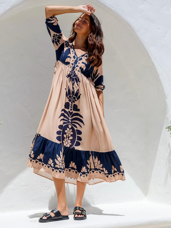 Women’s Printed Drawstring Dress Half Sleeve Fashion Loose Casual Dress