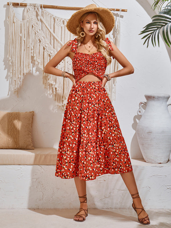 Women’s Printed Hollow Tie-Strap Dress
