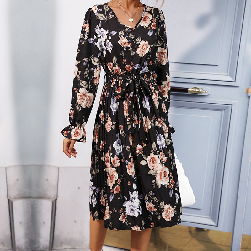 Women’s printed long -sleeved dress pleated skirt in the long style - Photo Color / S