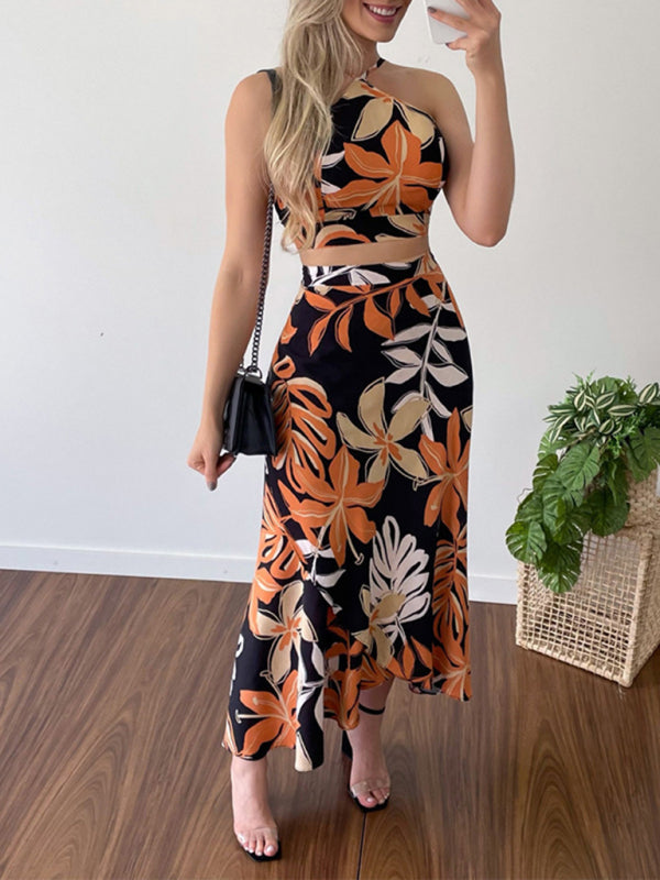 Women’s Printed Short Tether Tank Top High Waist Skirt Two-Piece Set - Black / S