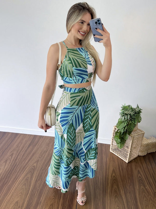 Women’s Printed Short Tether Tank Top High Waist Skirt Two-Piece Set