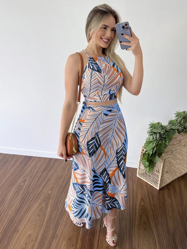 Women’s Printed Short Tether Tank Top High Waist Skirt Two-Piece Set