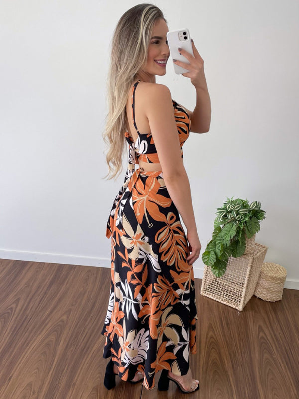 Women’s Printed Short Tether Tank Top High Waist Skirt Two-Piece Set