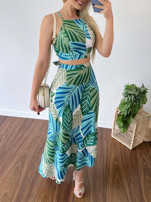 Women’s Printed Short Tether Tank Top High Waist Skirt Two-Piece Set - Green / S