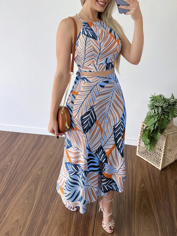 Women’s Printed Short Tether Tank Top High Waist Skirt Two-Piece Set - Pink / S