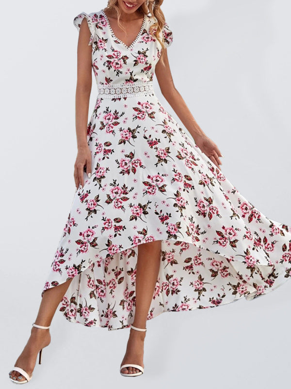 Women’s Printed Sleeveless Swing Skirt Lace Waist Dress - White / XS