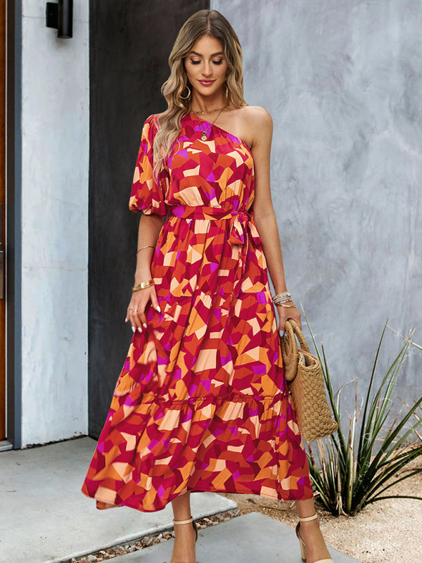 Women’s printed temperament elegant one-shoulder long dress