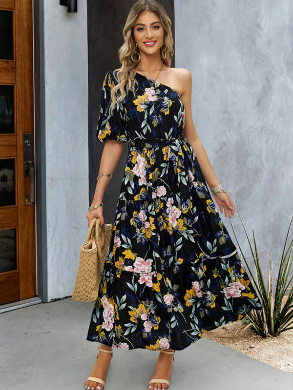 Women’s printed temperament elegant one-shoulder long dress - Black / S