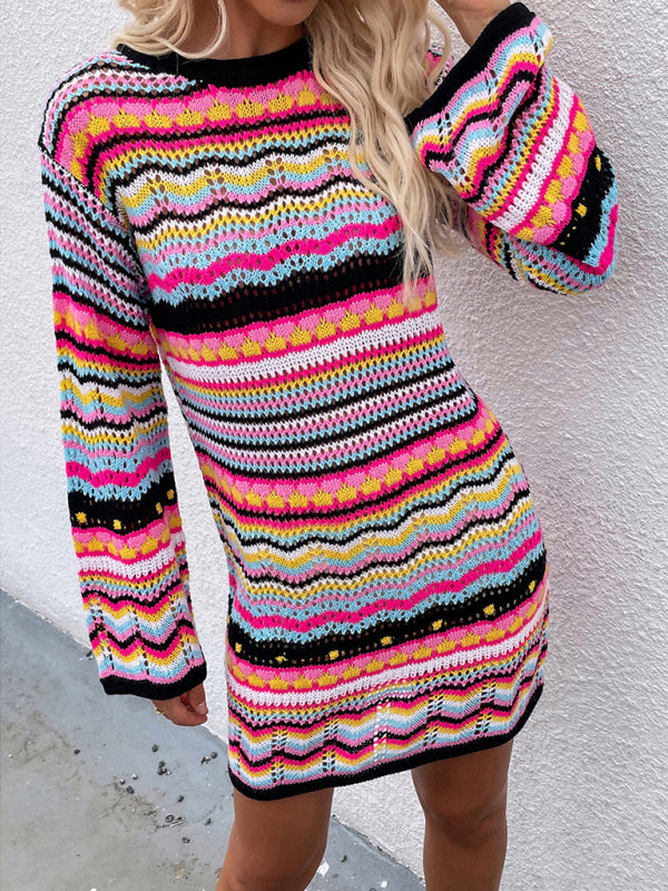 Women’S Rainbow Stripe Pullover Medium Length Sweater - Blue / S