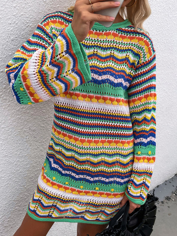Women’S Rainbow Stripe Pullover Medium Length Sweater - Green / S