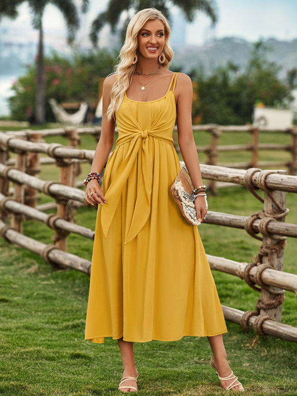 Women’s ranch style solid color suspender tied waist dress