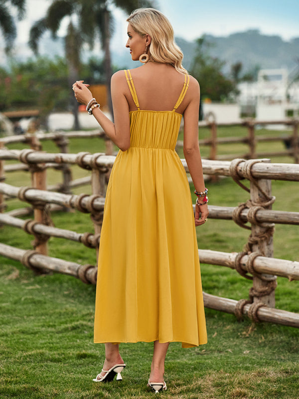 Women’s ranch style solid color suspender tied waist dress