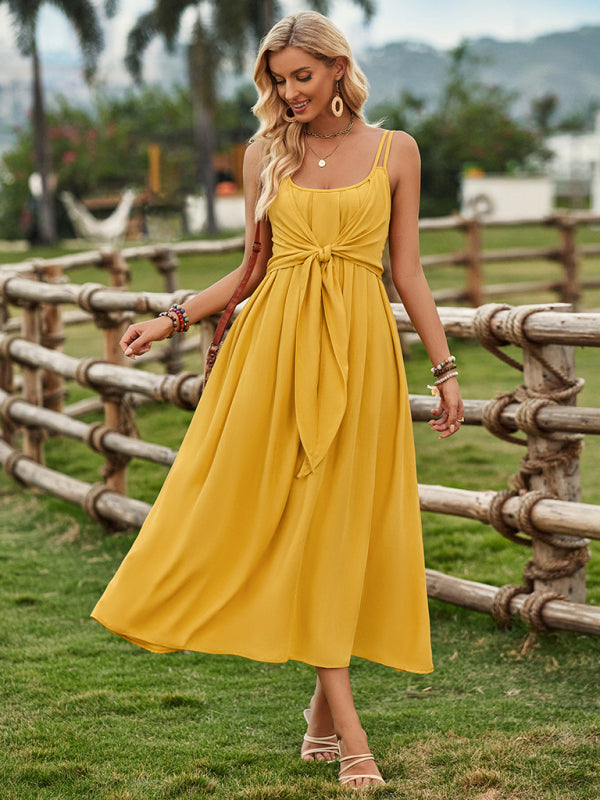 Women’s ranch style solid color suspender tied waist dress