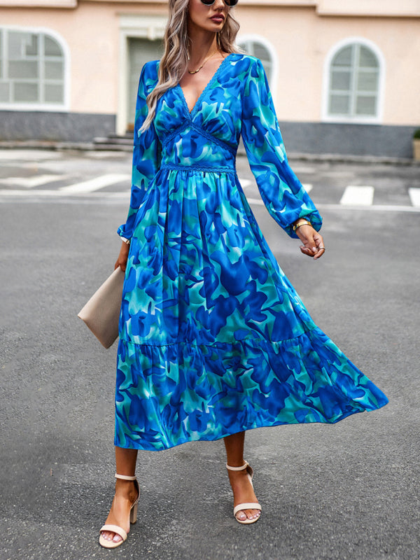 Women’s resort casual printed V-neck long-sleeved dress