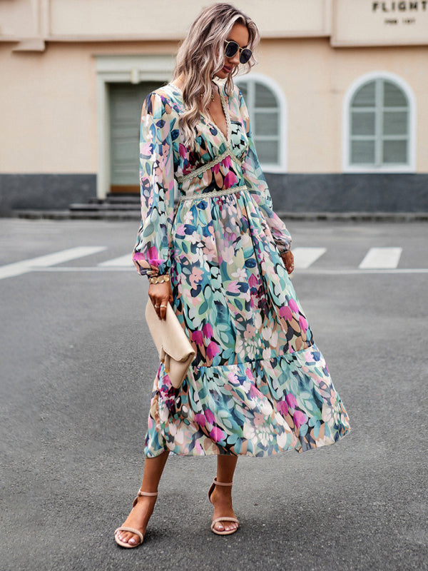 Women’s resort casual printed V-neck long-sleeved dress