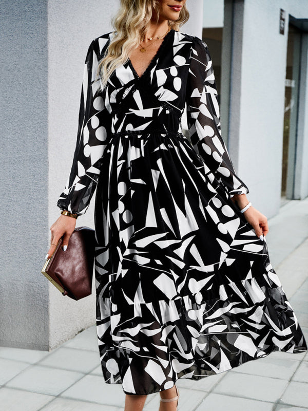 Women’s resort casual printed V-neck long-sleeved dress - Black / S