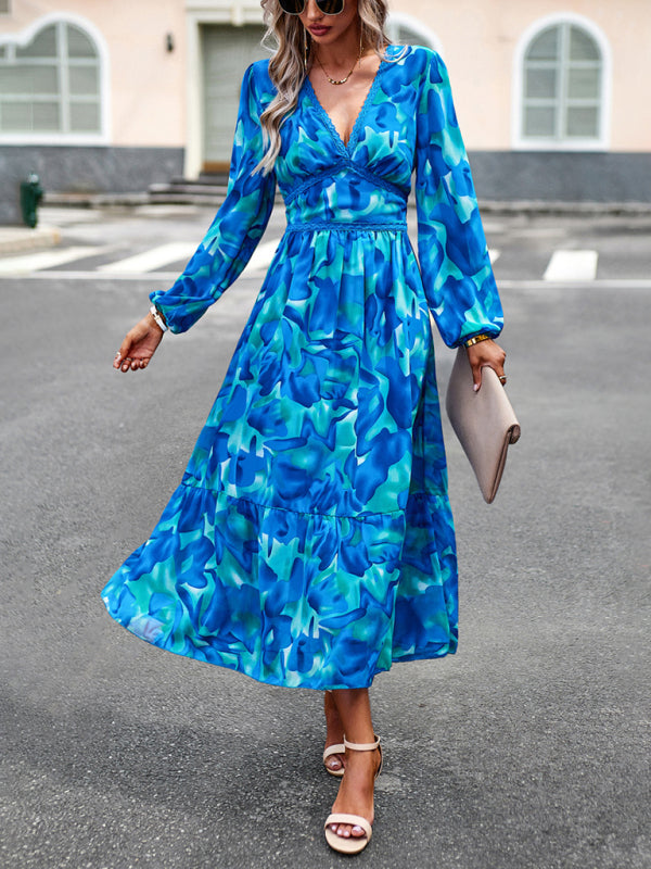 Women’s resort casual printed V-neck long-sleeved dress - Blue / S