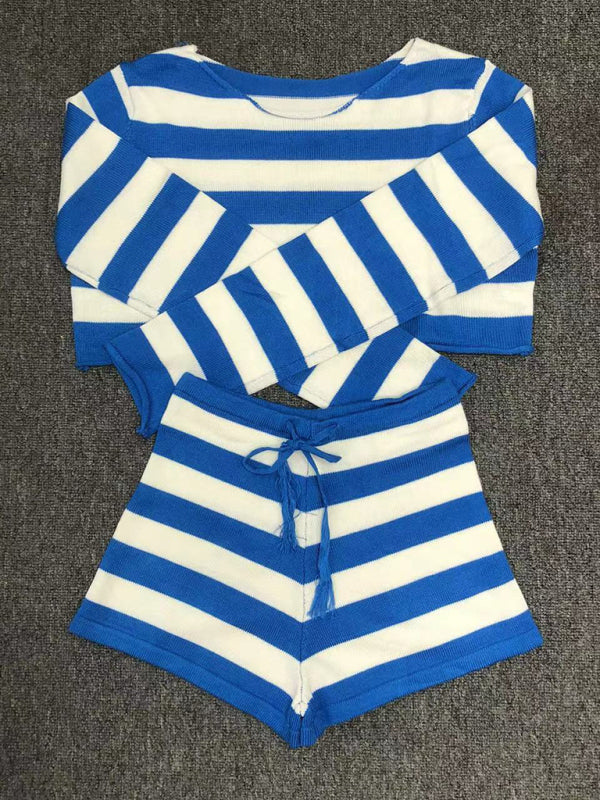 Women’s resort casual striped knitted midriff-baring sexy shorts set