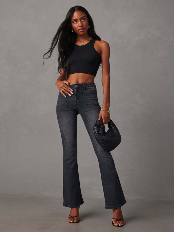 Women’s Retro Washed High Waist Slimming Stretch Micro Flared Jeans - Black / S