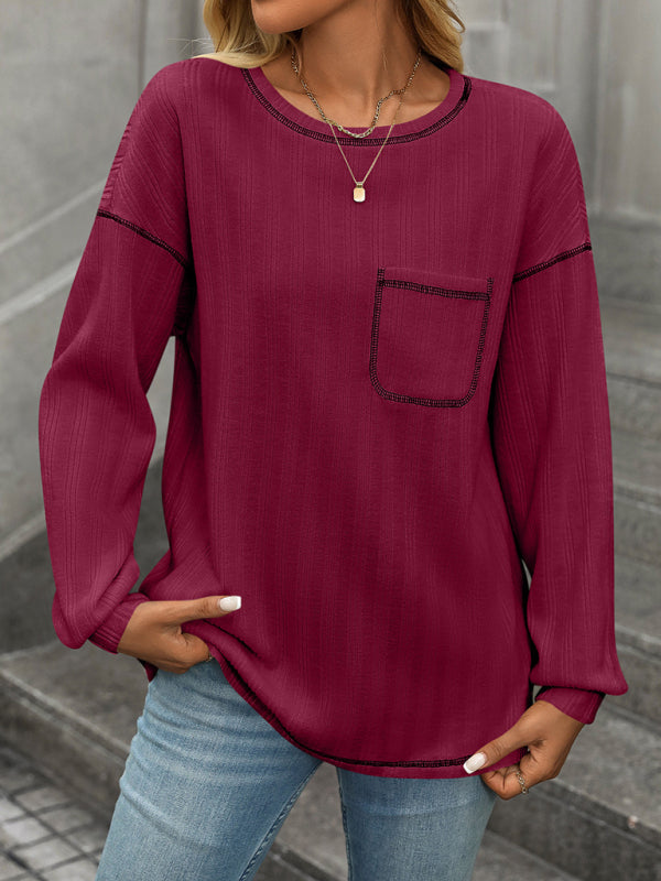 Women’s ribbed brushed solid color round neck pocket casual loose T-shirt