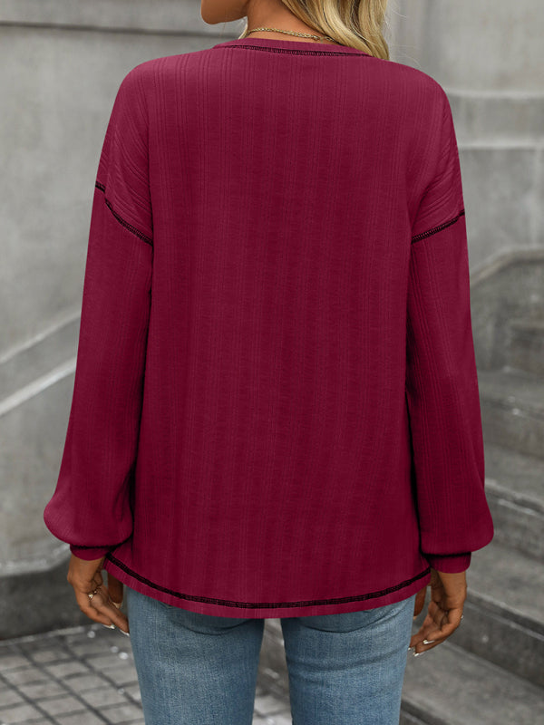 Women’s ribbed brushed solid color round neck pocket casual loose T-shirt