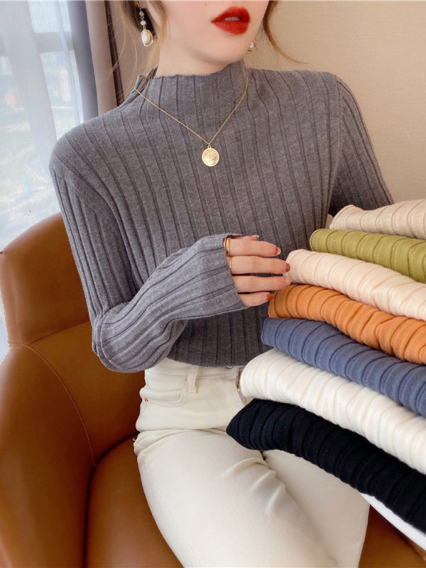 Women’s ribbed half turtleneck bottoming sweater - Grey / FREESIZE