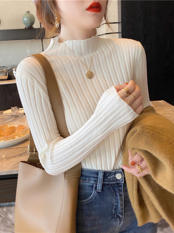 Women’s ribbed half turtleneck bottoming sweater - White / FREESIZE