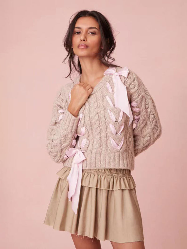 Women’s Round Neck Bow Neck Ribbon Sweet Sweater Versatile Top