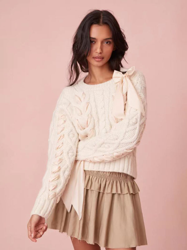 Women’s Round Neck Bow Neck Ribbon Sweet Sweater Versatile Top