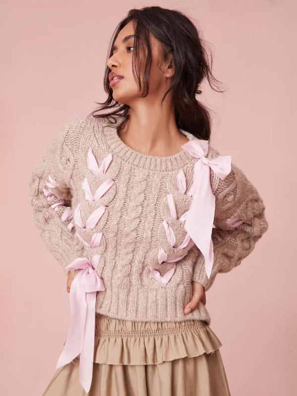 Women’s Round Neck Bow Neck Ribbon Sweet Sweater Versatile Top