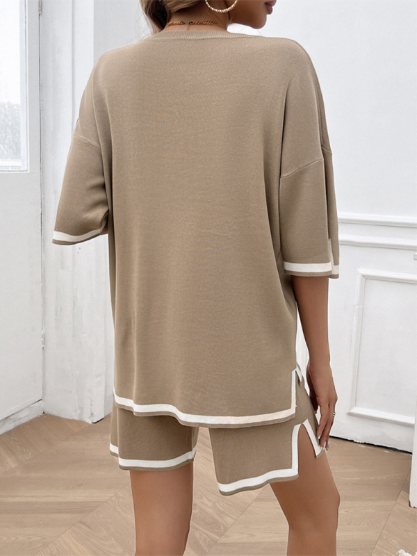 Women’s tan knit shorts set with white trim, perfect casual clothing item for all sizes
