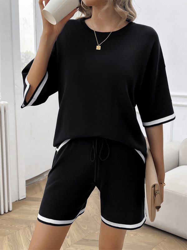 Black and white trimmed lounge set from Women’s round neck casual sweater two-piece set, size chart available